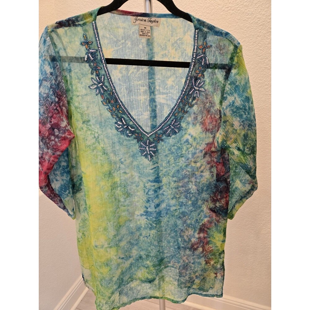 Jessica Taylor Sequins & Bead Blue Turquoise M Sheer V-Neck Tunic Blouse Womens